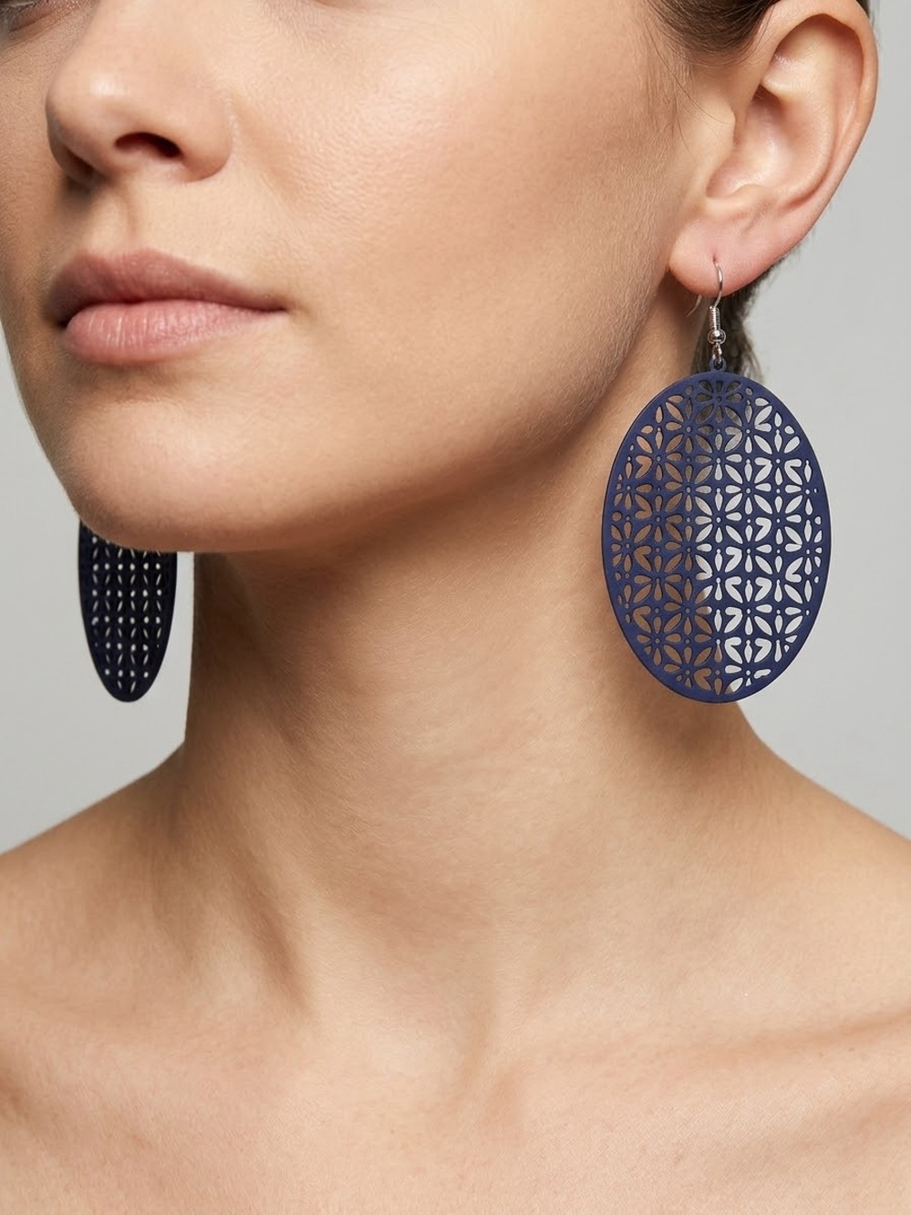 CATO Laser-Cut Oval Navy Blue Statement Earrings NWT